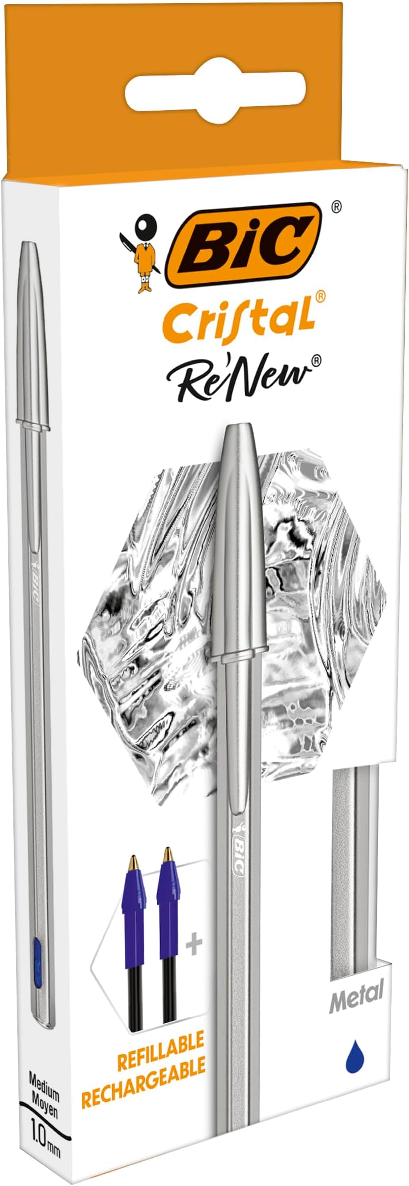 PACK BIC CRISTAL RE NEW - BLEU 1 STYLO-BILLE BIC CRISTAL RE NEW + 2 RECHARGES - POINTE MOYENNE (1.0MM)