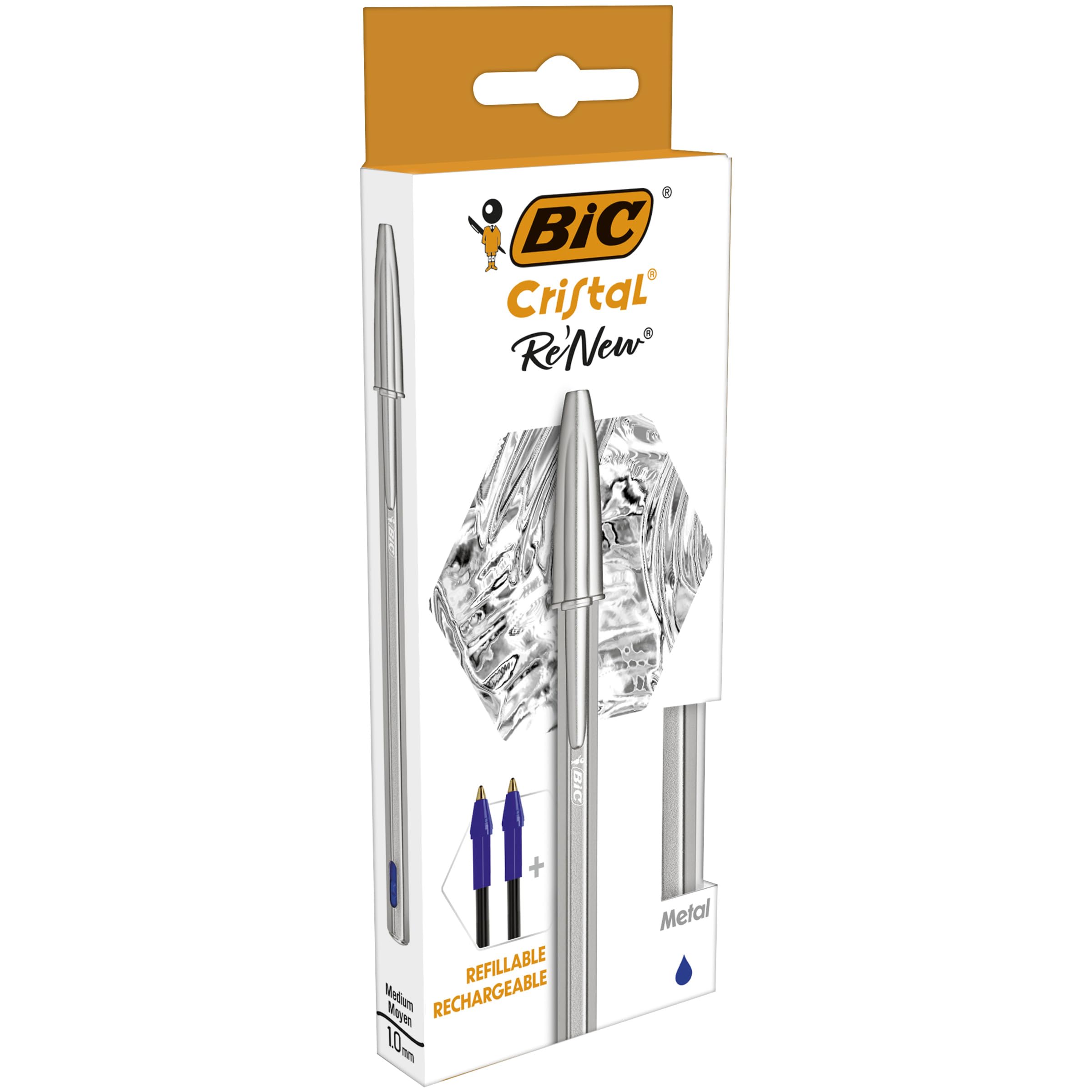 PACK BIC CRISTAL RE NEW - BLEU 1 STYLO-BILLE BIC CRISTAL RE NEW + 2 RECHARGES - POINTE MOYENNE (1.0MM)