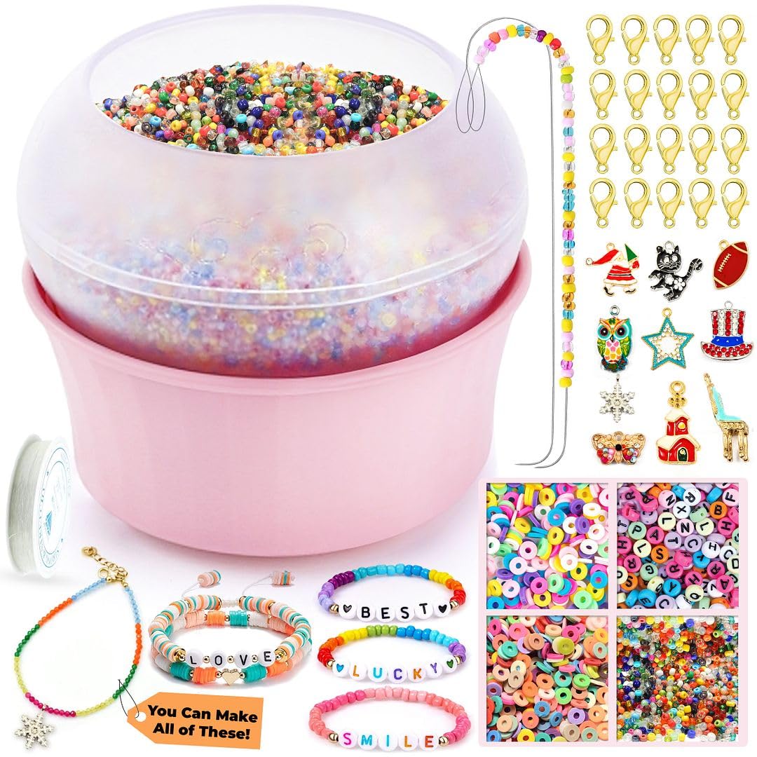 Electric Bead Spinner Kit with 2 Big Eye Beading Needles & Accessories - Clay Bead Spinner for Jewelry Making Necklace Bracelet Maker Machine Waist Beads Friendship Cute Trendy Birthday Gifts - Pink