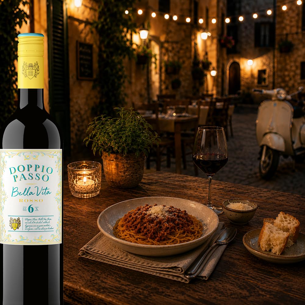 Doppio Passo Bella Vita Rosso, lieblich, sortenreines Weinpaket + VINOX Winecards (6x0,75l)