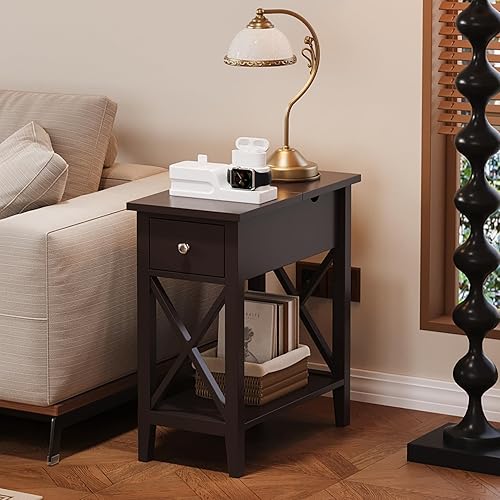 Miniatura 2 de ChooChoo Juego de 2 mesas auxiliares, mesa auxiliar estrecha abatible con cajón, mesita de noche pequeña para sala de estar, dormitorio y espacios