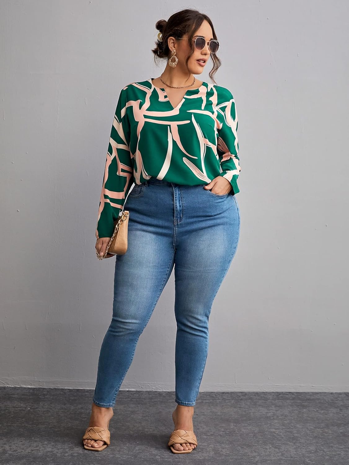 SOLY HUX Women's Plus Size Allover Printed Notched V Neck Long Sleeve Casual Blouse Tops - Image 5