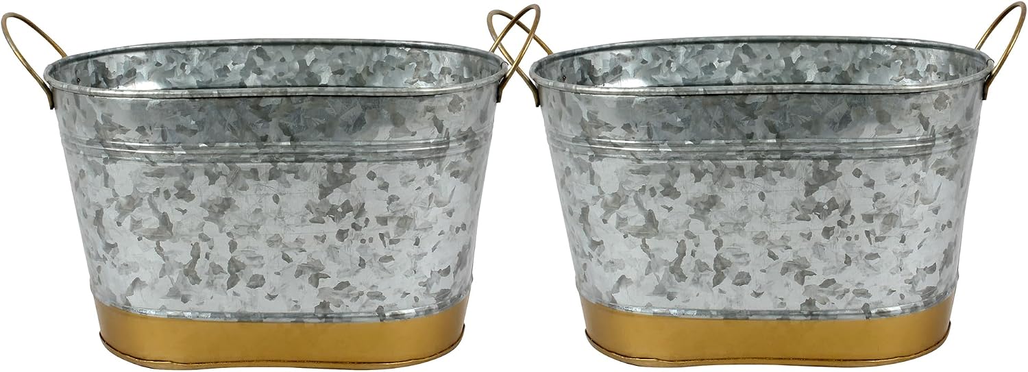 Galvanized Oval Wine Cooler & Planter Set of 2 with Gold Trim