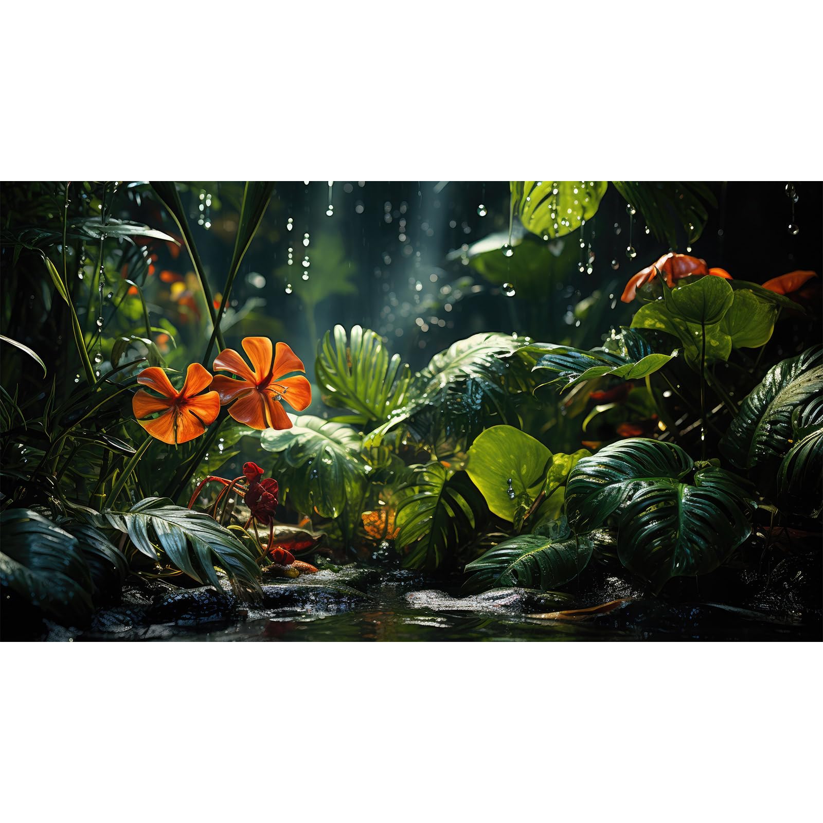 Raining Jungle Leaves Aquarium Background Green Palm Leaf Fish Tank Background Tropical Leaf Nature Landscape Reptile Tank Backgrounds Foggy Misty Rainforest Reptile Enclosure Backgrounds 36x18in