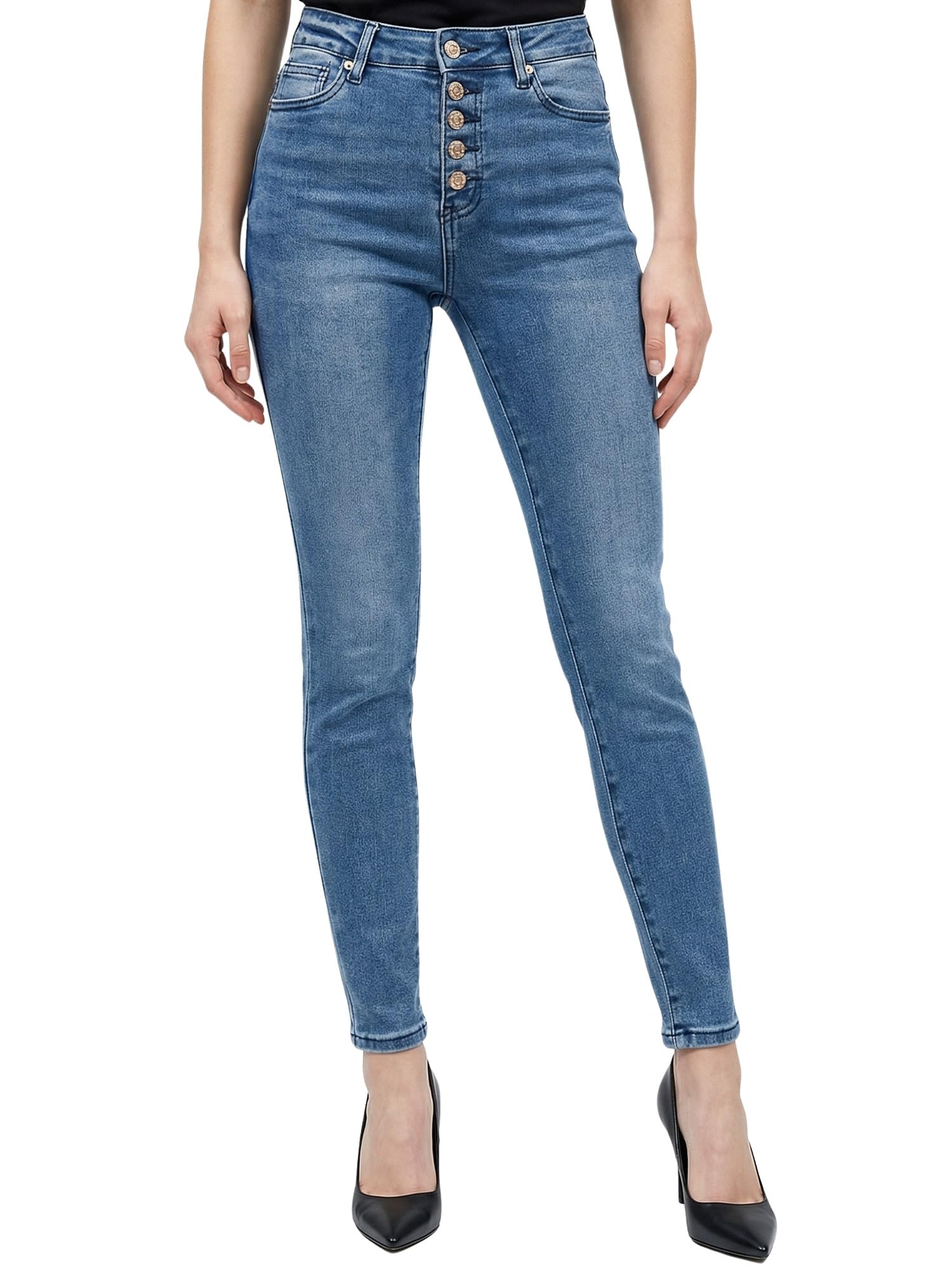 Tazzio Damen Jeans Skinny Fit, High Waist, Stretch, goldene Knopfleiste F136