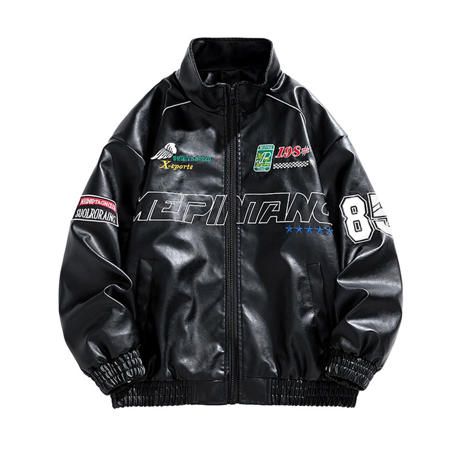 Generisch Giacca in pelle da uomo Y2K, oversize, in similpelle, con chiusura lampo americana, giacca da baseball, bomber vintage, giacca del college, Gebatikt Hip Hop Streetwear
