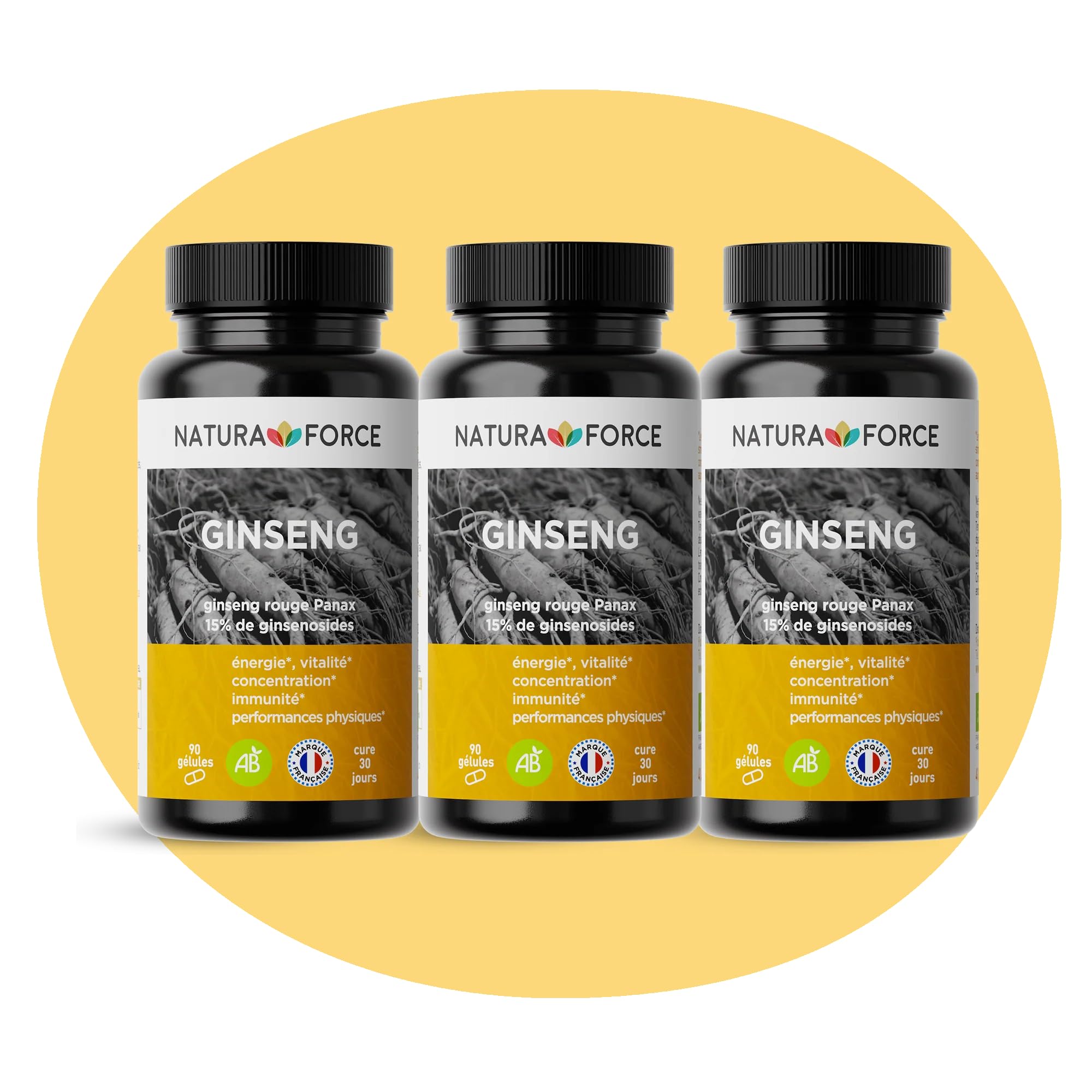 Ginseng Rouge Bio de Corée en Gélules Végétales - Naturel & Titré à 15% de Ginsénosides - Aide à Réduire la Fatigue - Tonus & Concentration - Analysé et Conditionné en France - 3 x 90 Gélules