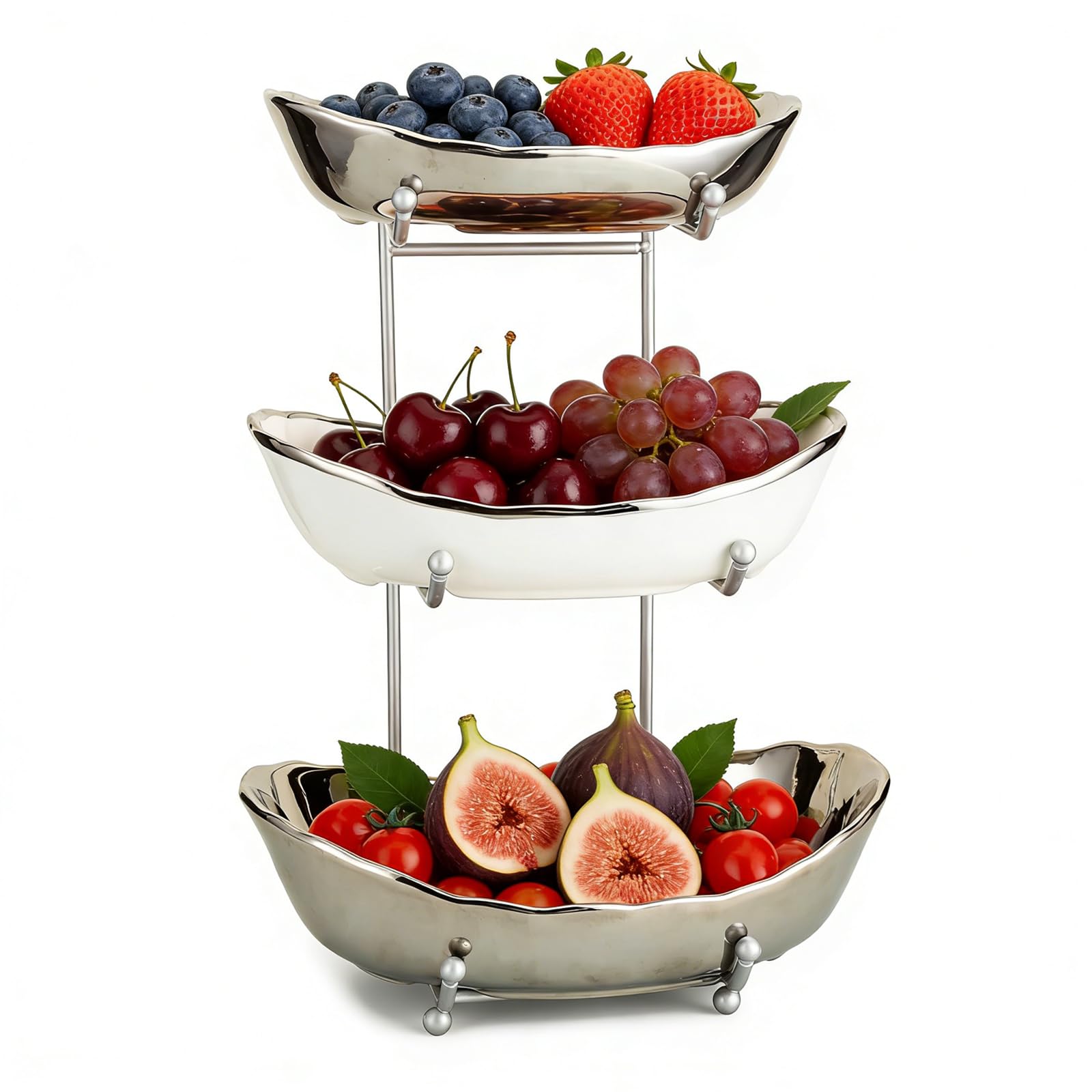Fruit Bowl for Kitchen Counter, 3 Tier Ceramic Serving Bowls with Metal Stand, Tiered Fruit Basket for Fruit Vegetable Storage, Snack, Bread Candy, Nuts, Cake, Dessert (Silver)