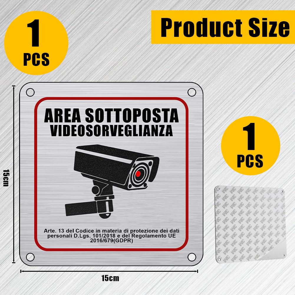 Flintronic 1 panneau de zone vidéo surveillée en aluminium, 15 x 15 cm propriété privée panneaux métalliques avec alerte RGPD, avec adhésif 3 m et trous pré-percés, pour maison et magasin, intérieur