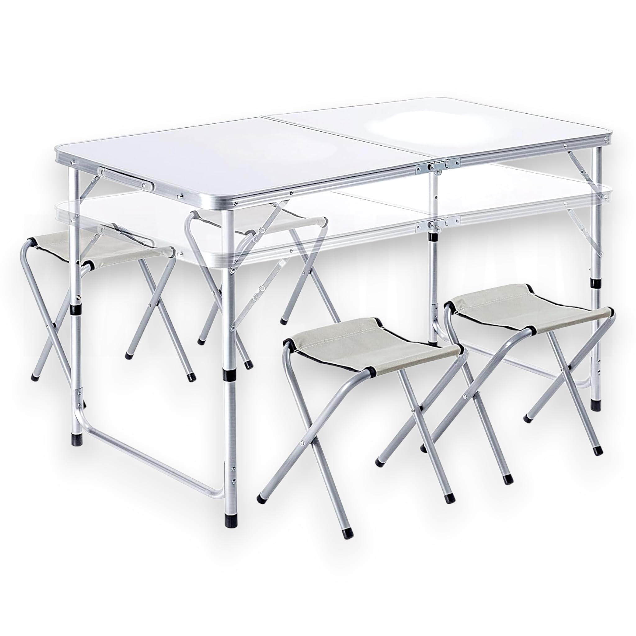 Genérico Mesa Plegable con 4 Sillas de Camping, Aluminio, 120x60x70 cm, Portátil, Rectangular, Gris y Plateado, Resistente a la Corrosión