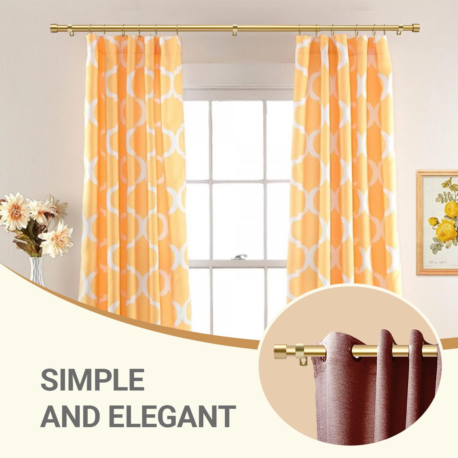 Tringle à rideaux extensible de 120 cm à 210 cm avec embouts dorés, 121,9 cm à 213,4 cm - Tringle à rideaux réglable avec tringles, embouts, supports et kits de quincaillerie