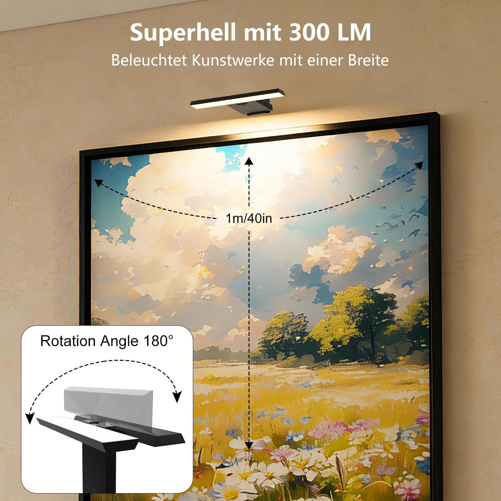 Feallive Bildbeleuchtung Kabellos, Dart Licht 1 Stück mit Fernbedienung 6000mah Akku Wandleuchte Innen 3 Farbtemperaturen Dimmbar Bilderleuchte mit Timer für Foto Bild Schwarz