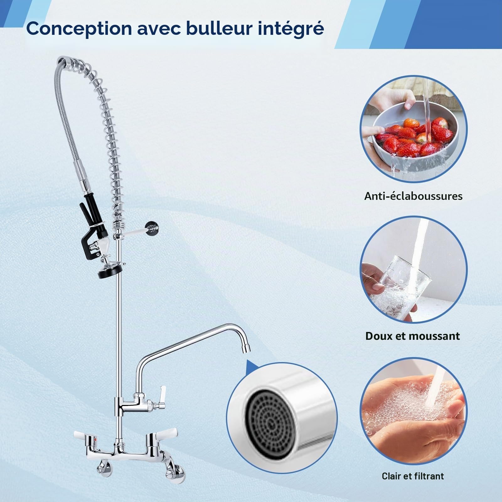 TAIMIKO Robinet de cuisine de Douche Mitigeur mural 2 trous,4-8''centre réglable Robinet mitigeur d'eau froide et chaude,Poignée ergonomique Douchette industrie,pour évier de cuisine avec pulvérisatio