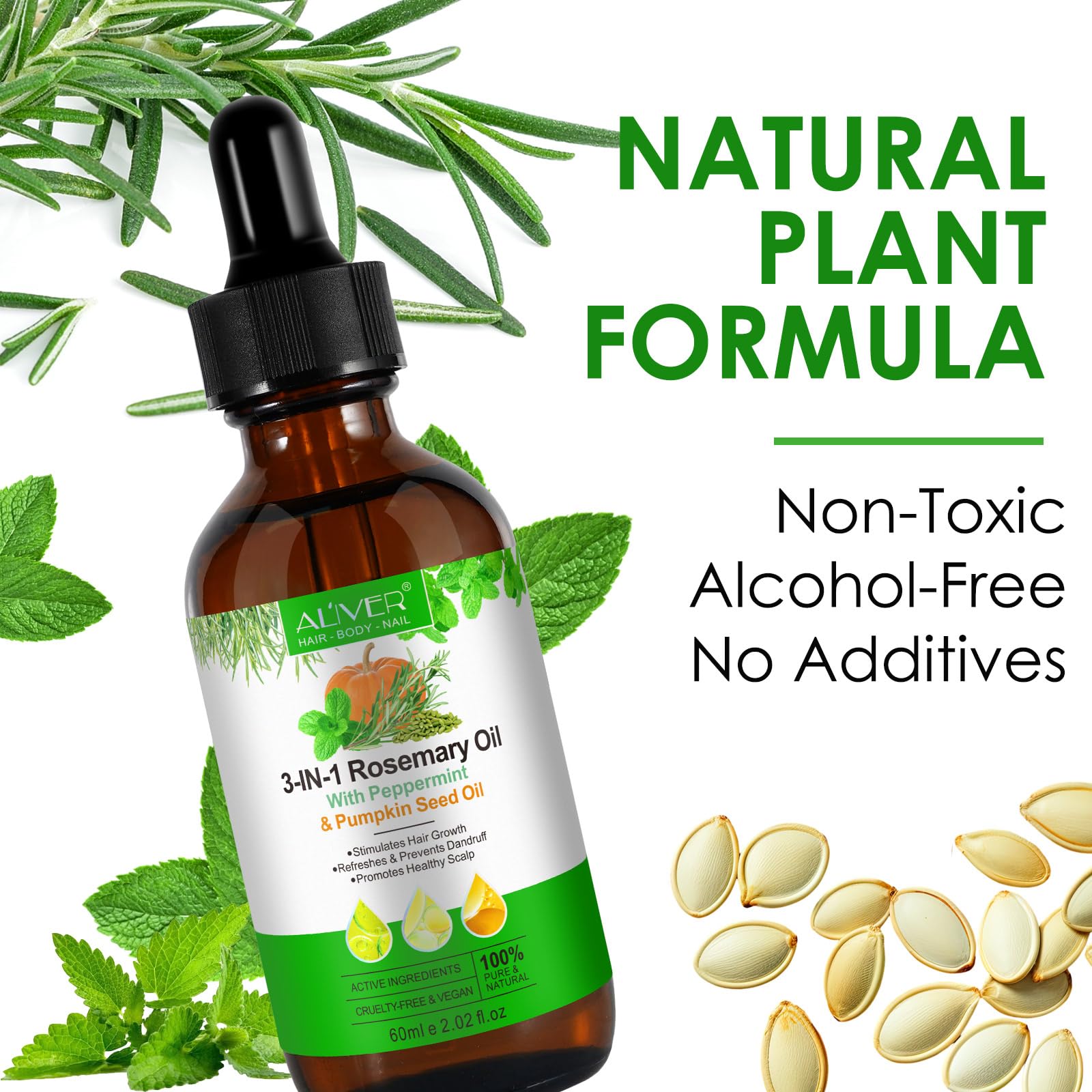 Olio di rosmarino per capelli,con olio di menta piperita,olio di semi di zucca, olio per la crescita dei capelli,olio di rosmarino per capelli,corpo,100% puro naturale,60 ml