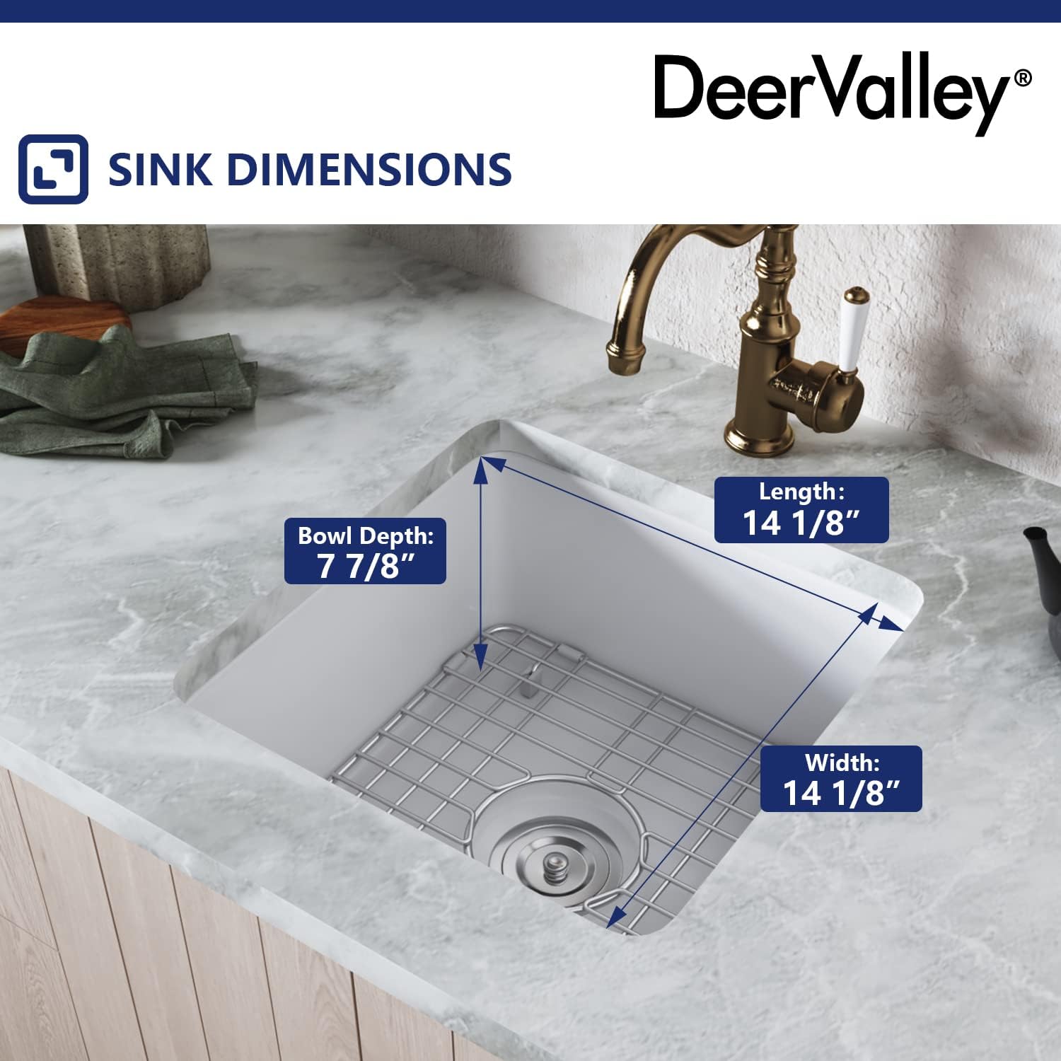 DeerValley Undermount Kitchen Sink 18" L x 18" W Fireclay Single Bowl Kitchen Sink Square Bar Sink with Sink Grid and Basket Strainer