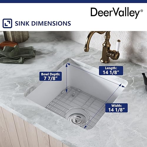 Miniatura 7 de DeerValley Fregadero de Cocina Empotrado de 45.7 cm L x 45.7 cm A Fregadero de Un Solo Tazón de Barro Refractario Cuadrado para Barra con Rejilla y