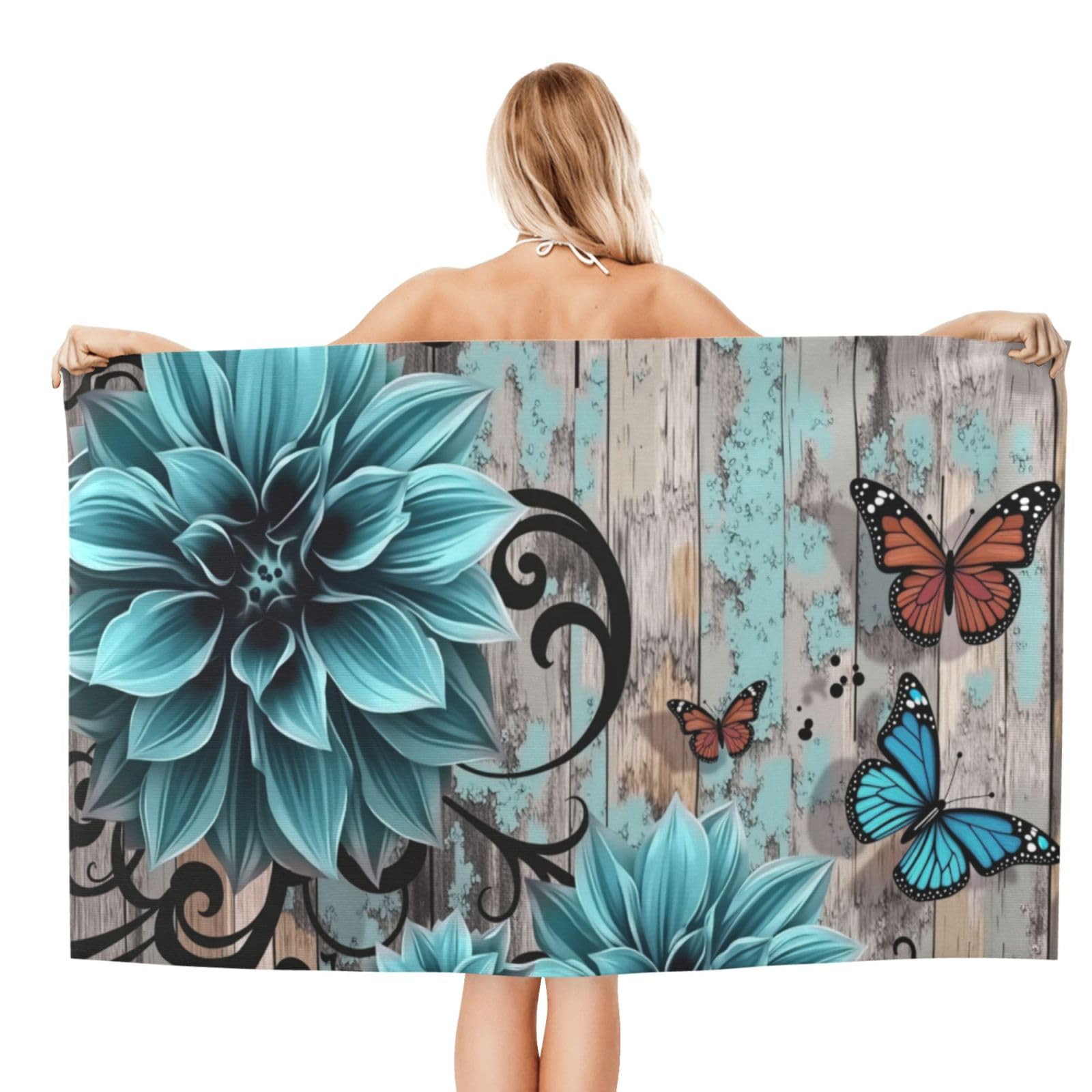 Anceky Beach Towel for Women, Blue Floral Butterfly Sand-Free Microfiber Ultra Soft Lightweight Bath Towels for Outdoor Bathroom Swimming 32"X52"