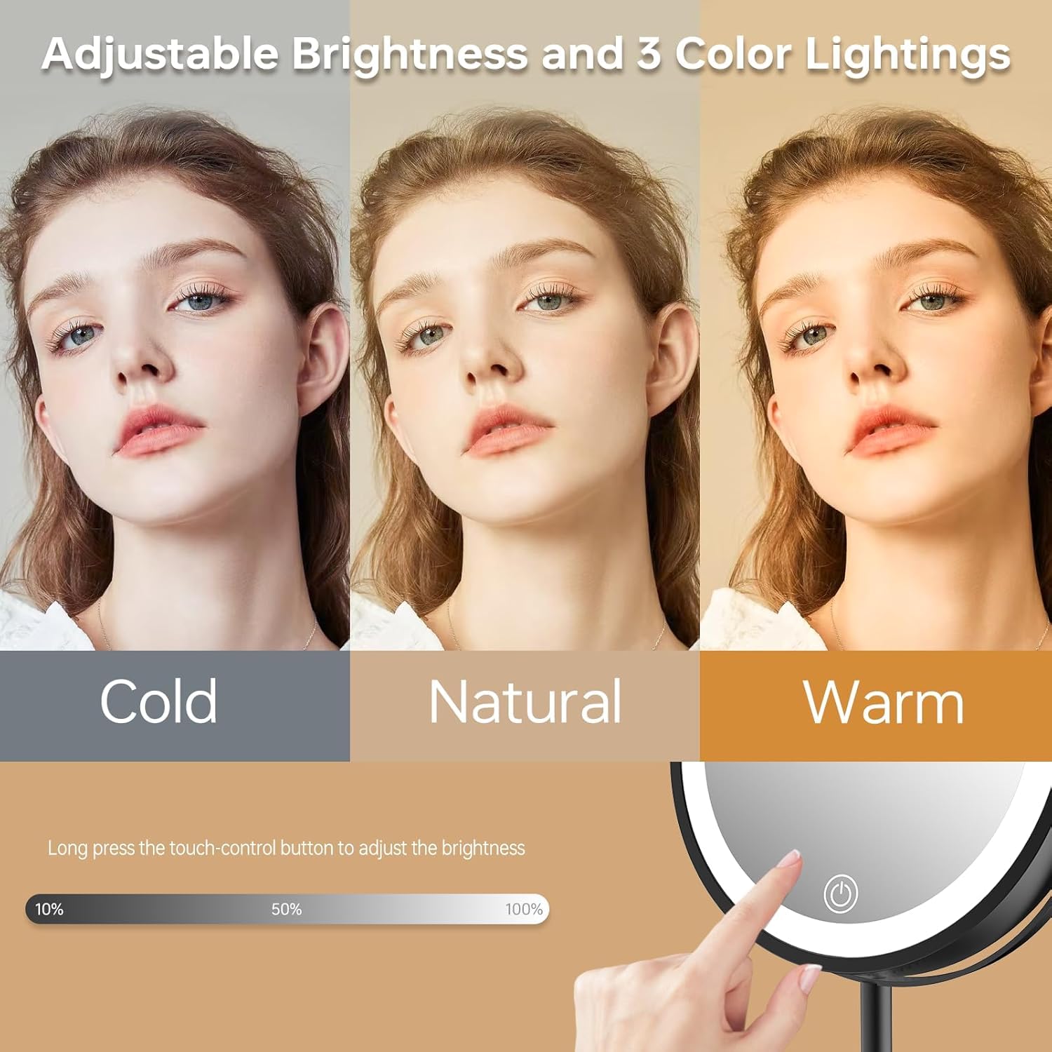 Espejo de maquillaje plegable de viaje con luces y aumento, espejo de aumento iluminado de doble cara 1X/10X con batería recargable, brillo ajustable, iluminación de 3 colores, negro
