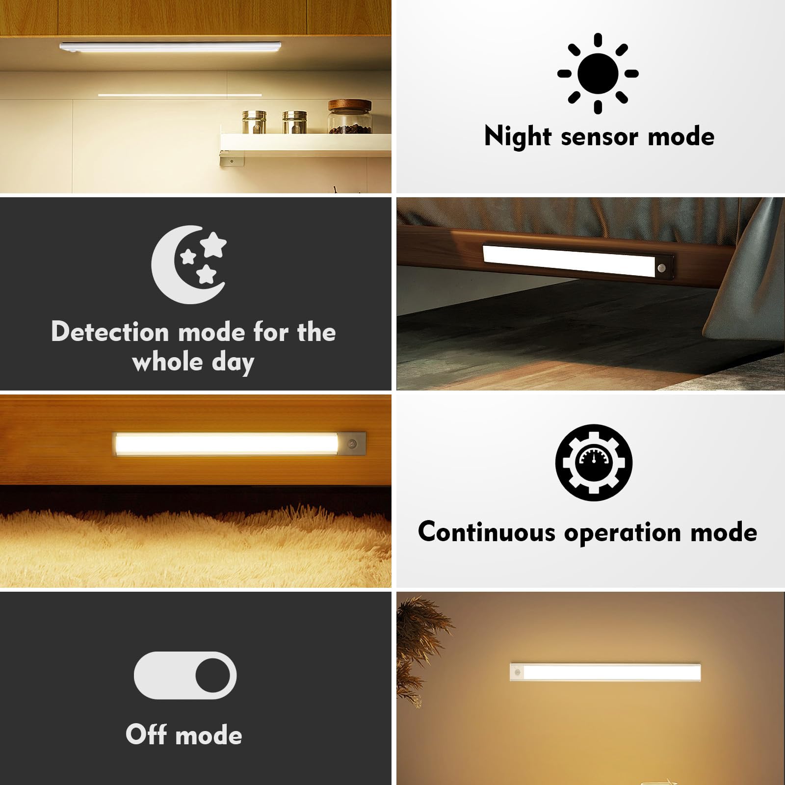 AiQInu 66 LED Closet Light con sensor de movimiento, USB recargable LED Undercabinet Light, 20cm Dimmable Closet Lámpara con tira adhesiva magnética para la cocina, escaleras, pasillos