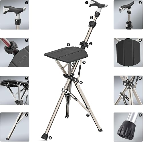 Ta-Da Chair PRO - Walking Stick with Seat, Ultra-Light Aluminium Frame & Sturdy Foldable Stool (up to 120kg), Collapsable Folding Design, Ideal for Travel & Sightseeing - Black, Adjustable - 4