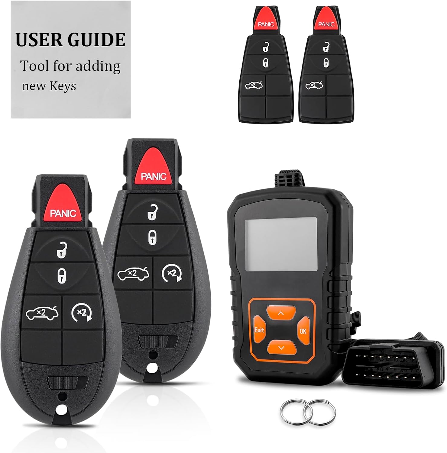 DIY Remote Key Fob Replacement Kit for 2008-2011 Chrysler 300/ 2008-2010 Dodge Charger/ 2008-2014 Dodge Challenger/ 2011-2013 Dodge Durango/ 2008-2013 Jeep Grand Cherokee with Easy OBD Tool，2Pcs