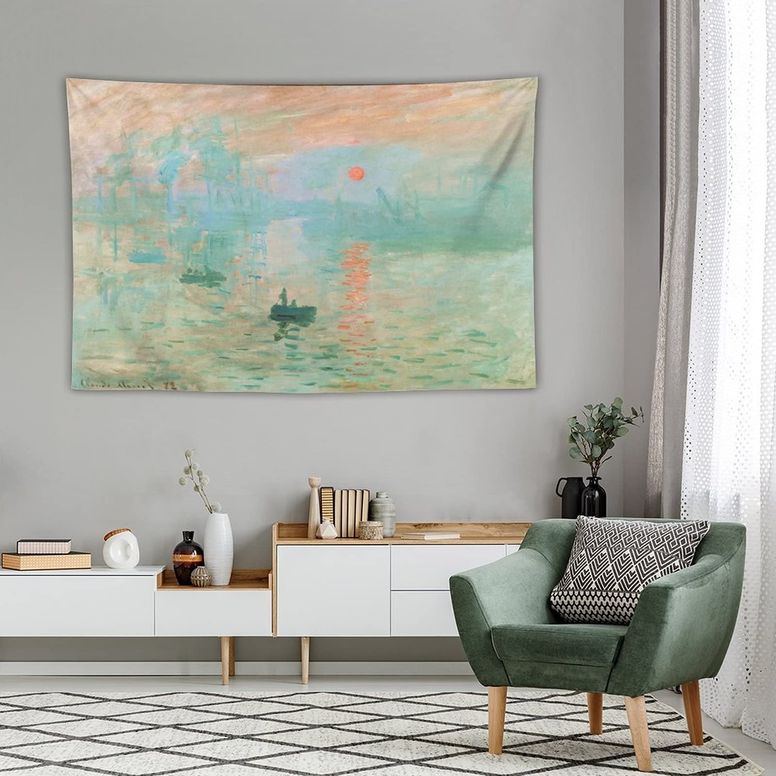 モネの名画日の出印象派の油絵現代のシンプルなリビングの装飾の絵3連ソファの背景の モネの名画日の出印象派の油絵現代のシンプルなリビングの装飾の絵