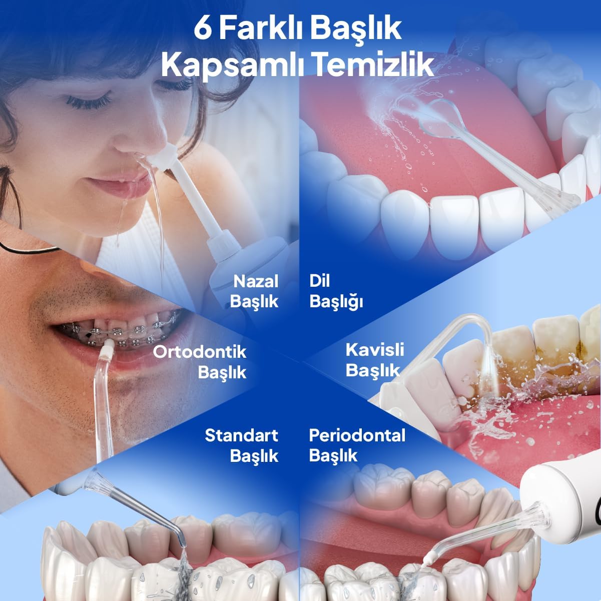 Illustration showing six different nozzle types for the Fakir Probiwash Oral Irrigator: Nasal, Tongue, Orthodontic, Curved, Standard, and Periodontal nozzles.