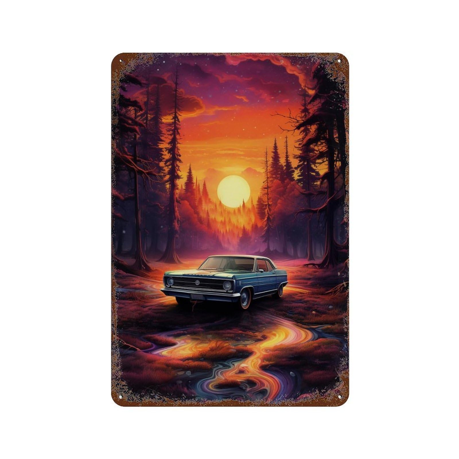 Vintage Car in Enchanted Forest -1 Aged Metal Wall Plaque 11.8"x7.9", for Office, Studio And Wall Decor, Novelty Wall Decor