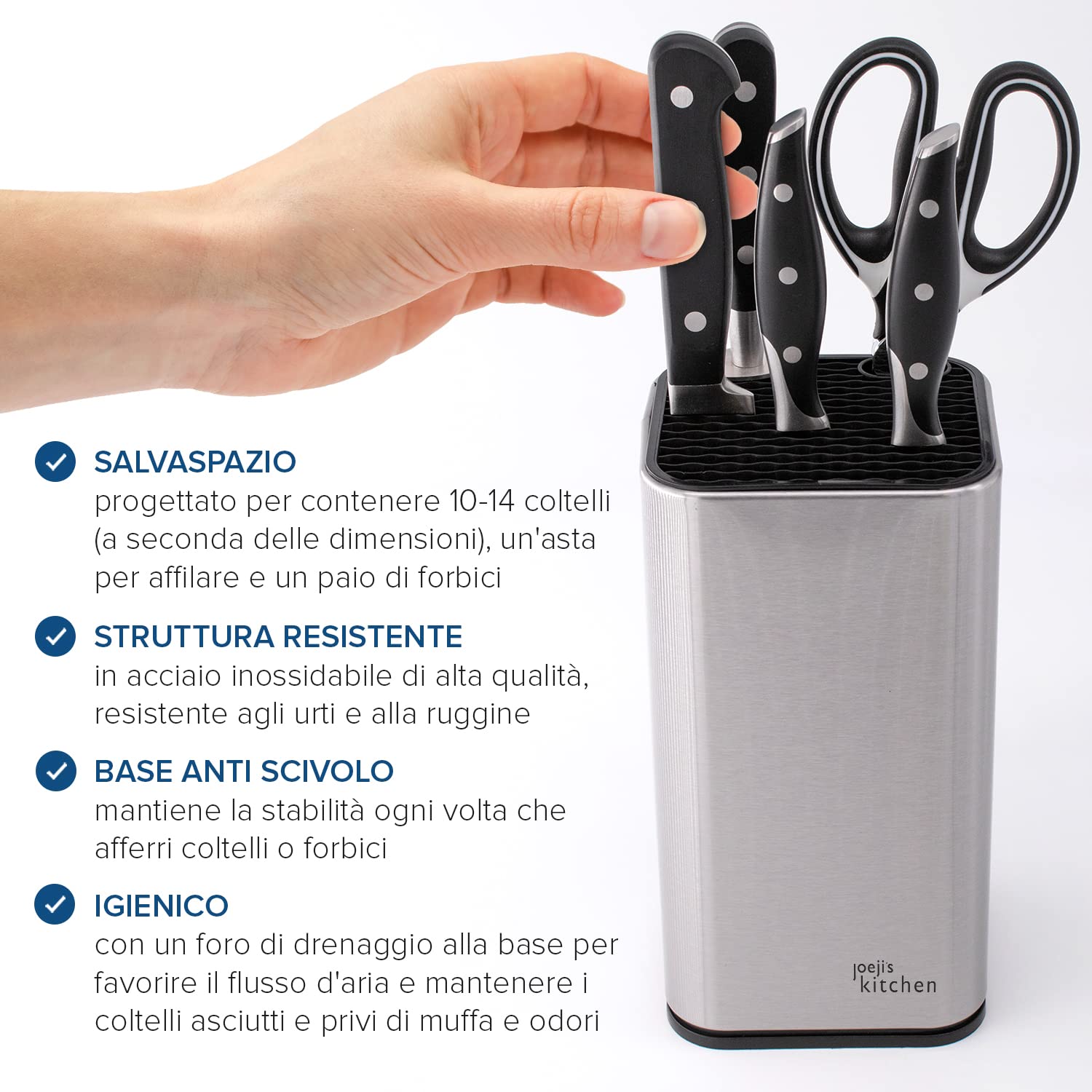 Joeji's Kitchen Ceppo portacoltelli da cucina universale senza coltelli con fessure per forbici e asta per affilare Portacoltelli da cucina in acciaio inox facile da pulire e scolare