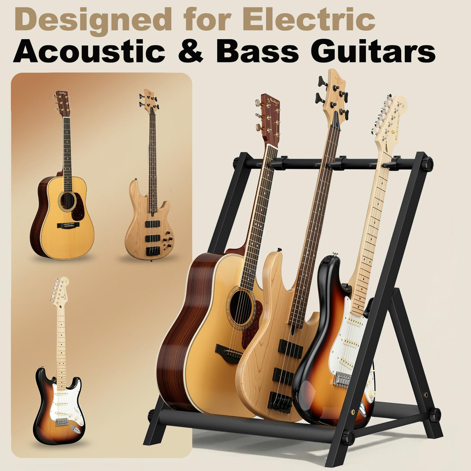 Gitarrenständer für 3 verschiedene Gitarren mit dicker Gummipolsterung, Gitarrenständer für Akustik-, Klassik-, Elektro-, Bass-, Studio- und Zuhause, langlebig, schwarz (3 Halterungen)