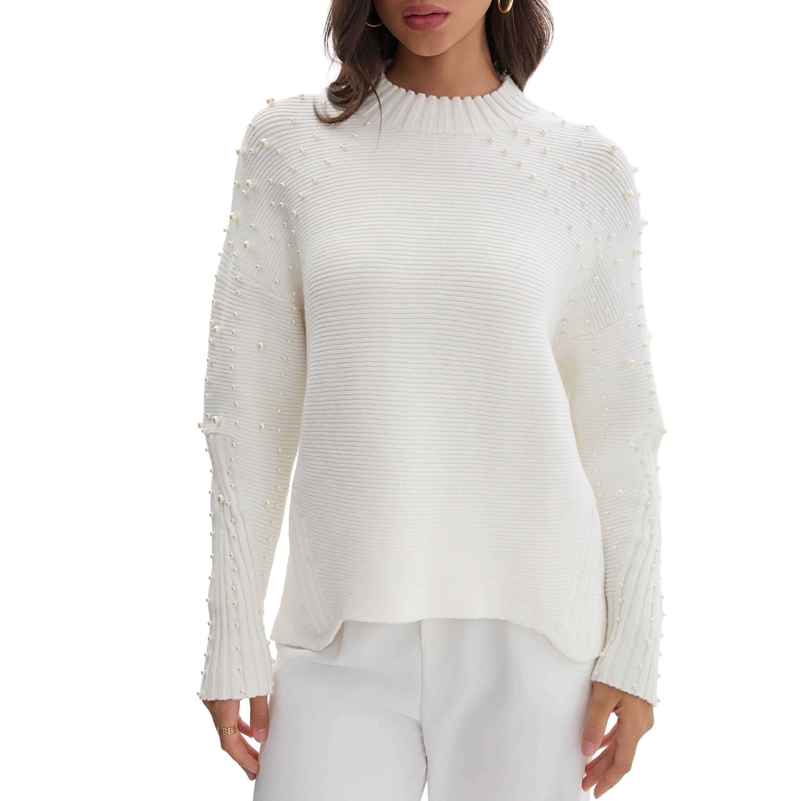 Froggirl Womens Chunky Knit Oversized Sweater Drop Shoulder Long Sleeve Ribbed Crewneck Pullover with Pearls
