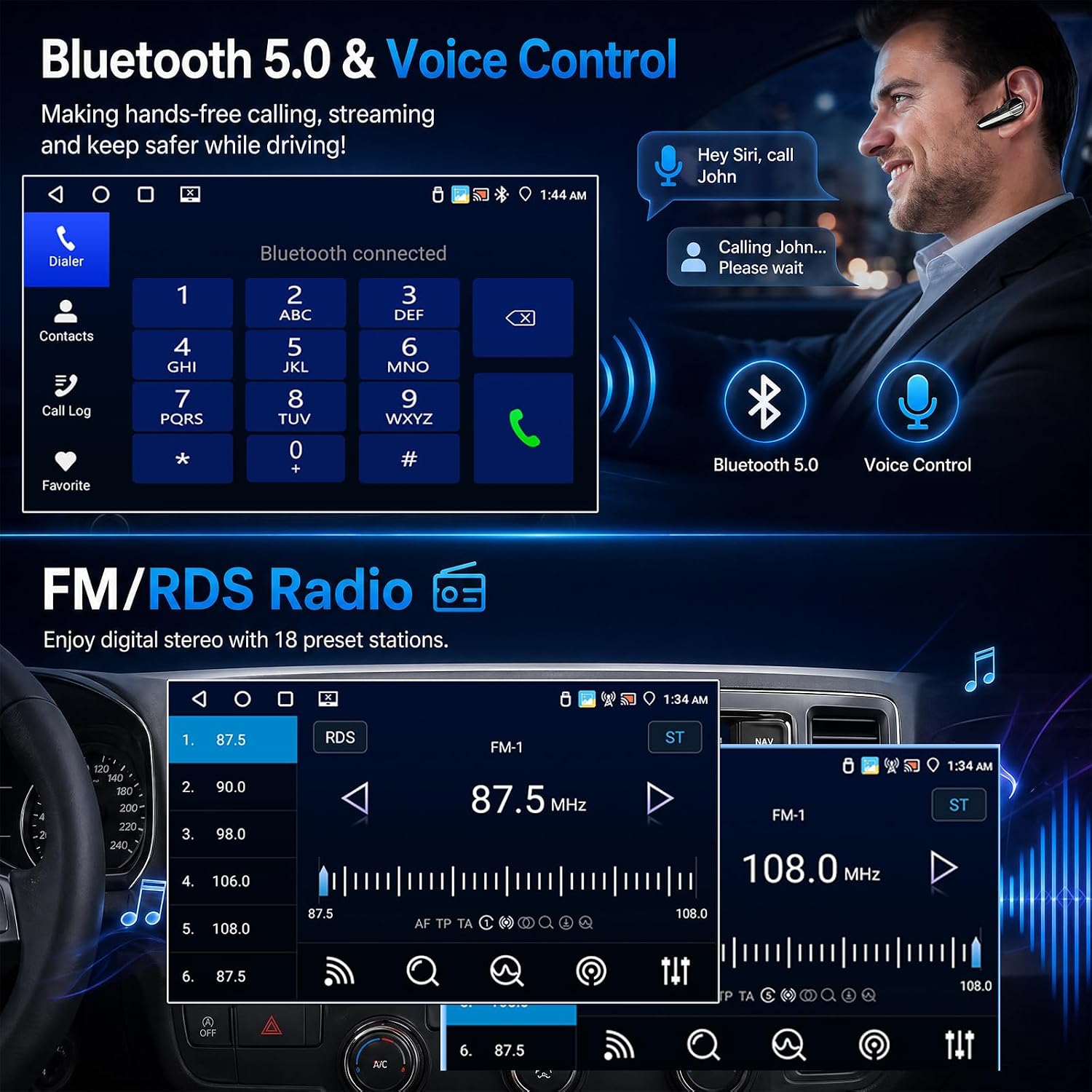 Bluetooth 5.0 interface showing dialer, contacts, and music playback, with voice control functionality