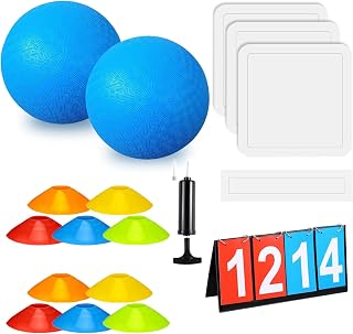 Huaerle 18 Pcs Sports Kickball Set Includes 2 Playground Ball with Air Pump 4 Rubber Throw Down Bases 10 Foul Line Cones and a Flip Scoreboard for Boys Girls Adults Playground School Backyard