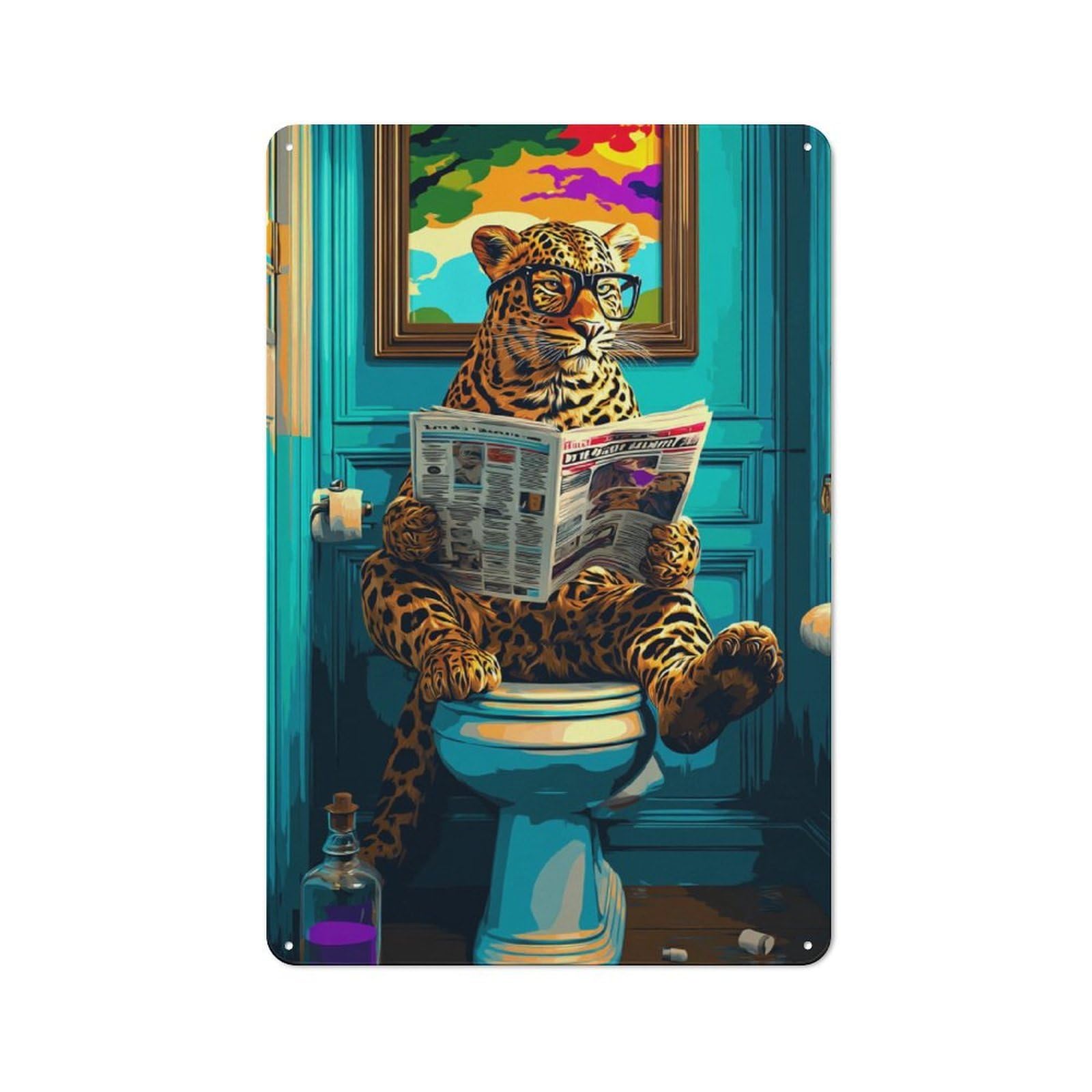 Junmoney Leopard Reading Newspaper On Toilet For Garden Room Or Summerhouse, Retro Tin Sign 30X20cm, For Garage, Workshop And Man Cave Decoration