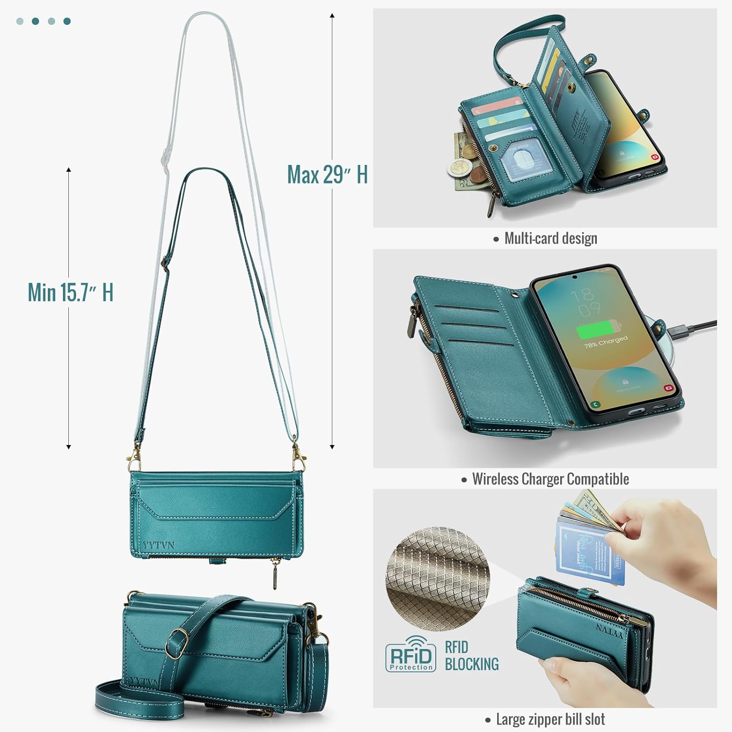 for Samsung Galaxy S24 FE Wallet Case with Zipper Card Holder & Crossbody Lanyard Strap & Wrist Strap, RFID Blocking PU Leather Magnetic Flip Handbag Purse Case for Galaxy S24 FE -Green