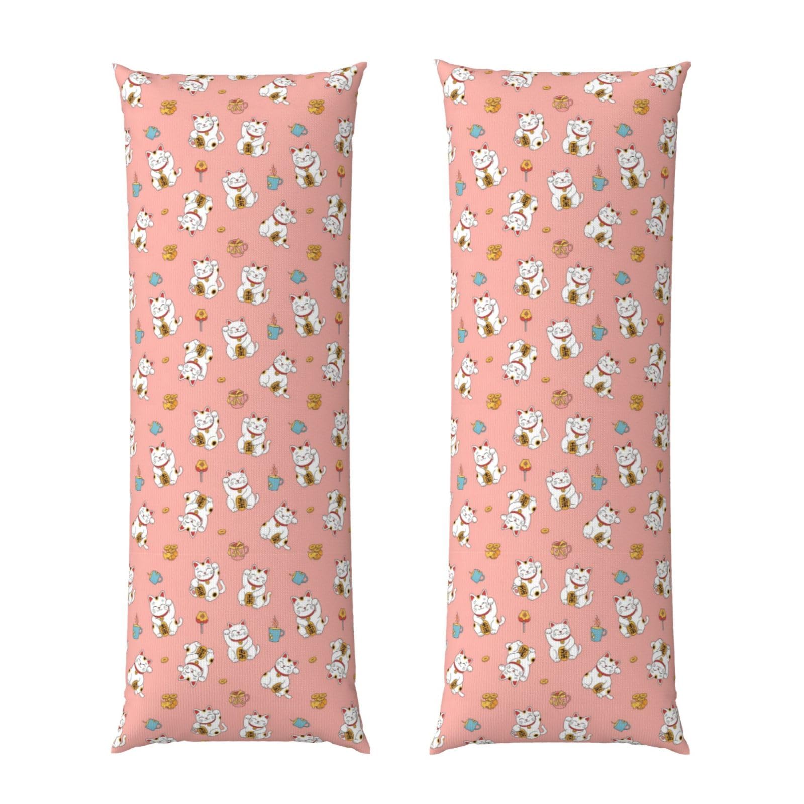Body Pillowcase 20x54, Lucky Cat Pink, Plush Velvet Pillow Cover with Zipper, Cozyffy Rectangular Cushion Case for Couch Bed Home Hotel