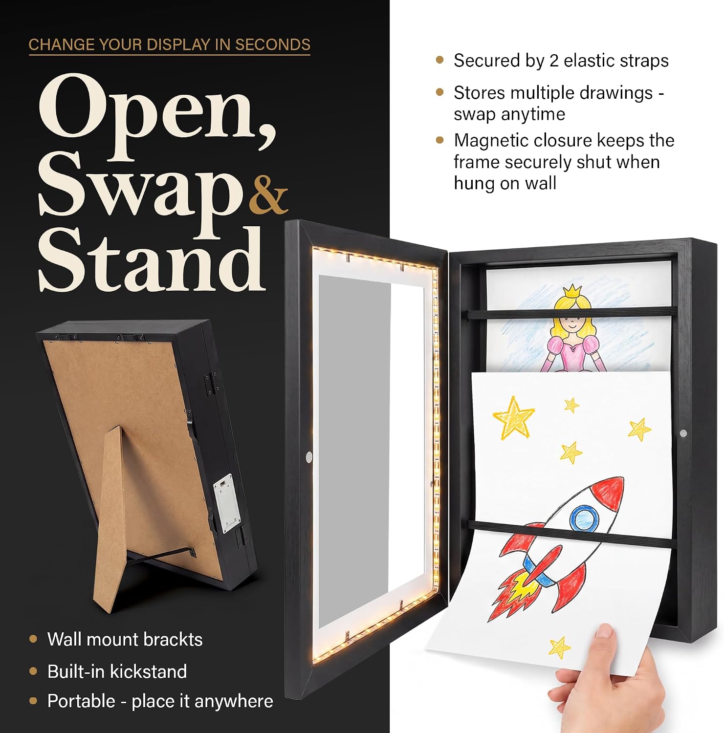 Kids Artwork Frame Changeable with Built-in LED Light & Integrated Battery Box, Set of 2 Black Childrens Art Display Frame 8.5x11 A4, Extra Deep 1.5" Shadow Box Storage for 150 Pages, Hang or Stand
