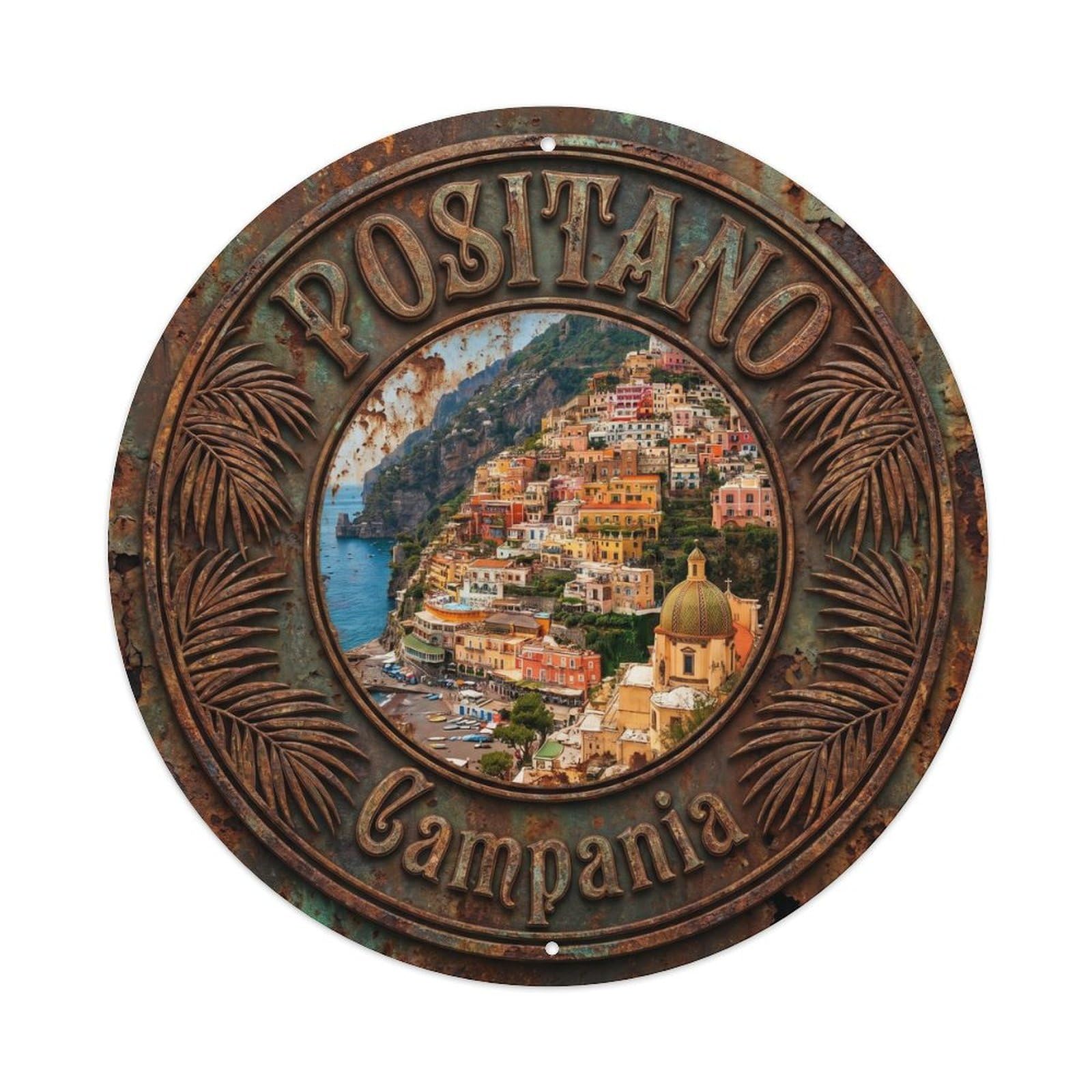 Vintage Travel Positano Italy Hillside Metal Tin Sign Plaque Wall Decor for Cafe, Club, Garden Round Metal Poster 8x8Inch