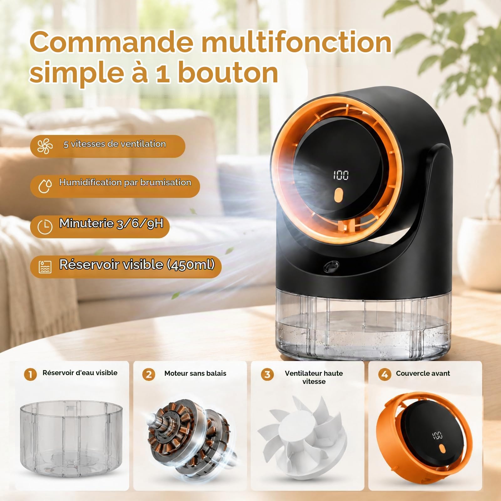 Mldnld Ventilateur brumisateur portable,réservoir 450 ml,100 vitesses,minuterie 3/6/9h,recharge USB,humidificateur compact pour la maison et le bureau,cadeau d'été idéal