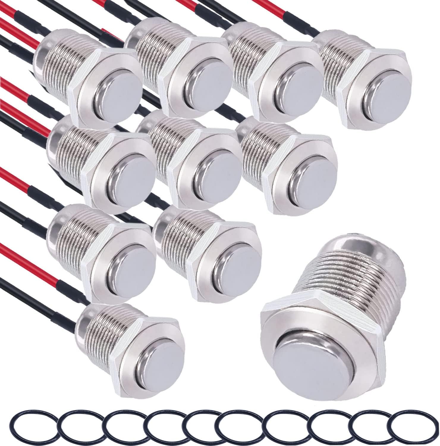 RUNCCI-YUN 10 Pieces 12 mm Momentary Push Button Switch Waterproof Push Button Switch Round Momentary Switch with Pre wiring,DIY Stainless Steel Normally Open Metal Push Start Button (High Head)
