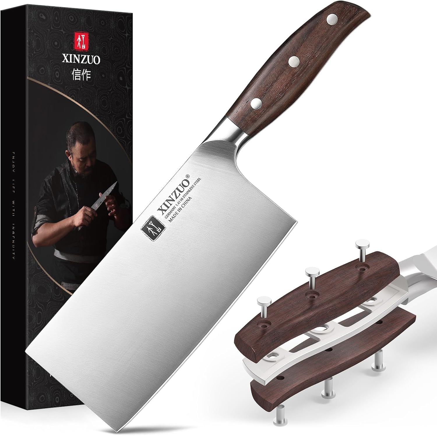 XINZUO Meat Cleaver Knife, 7 Inches German Stainless Steel Chef Cleaver Knife,Vegetable Meat Cleaver,Multifunction Chopper Butcher Knife,Chinese Chef Knife, Ultra Sharp, Red Sandalwood Handle