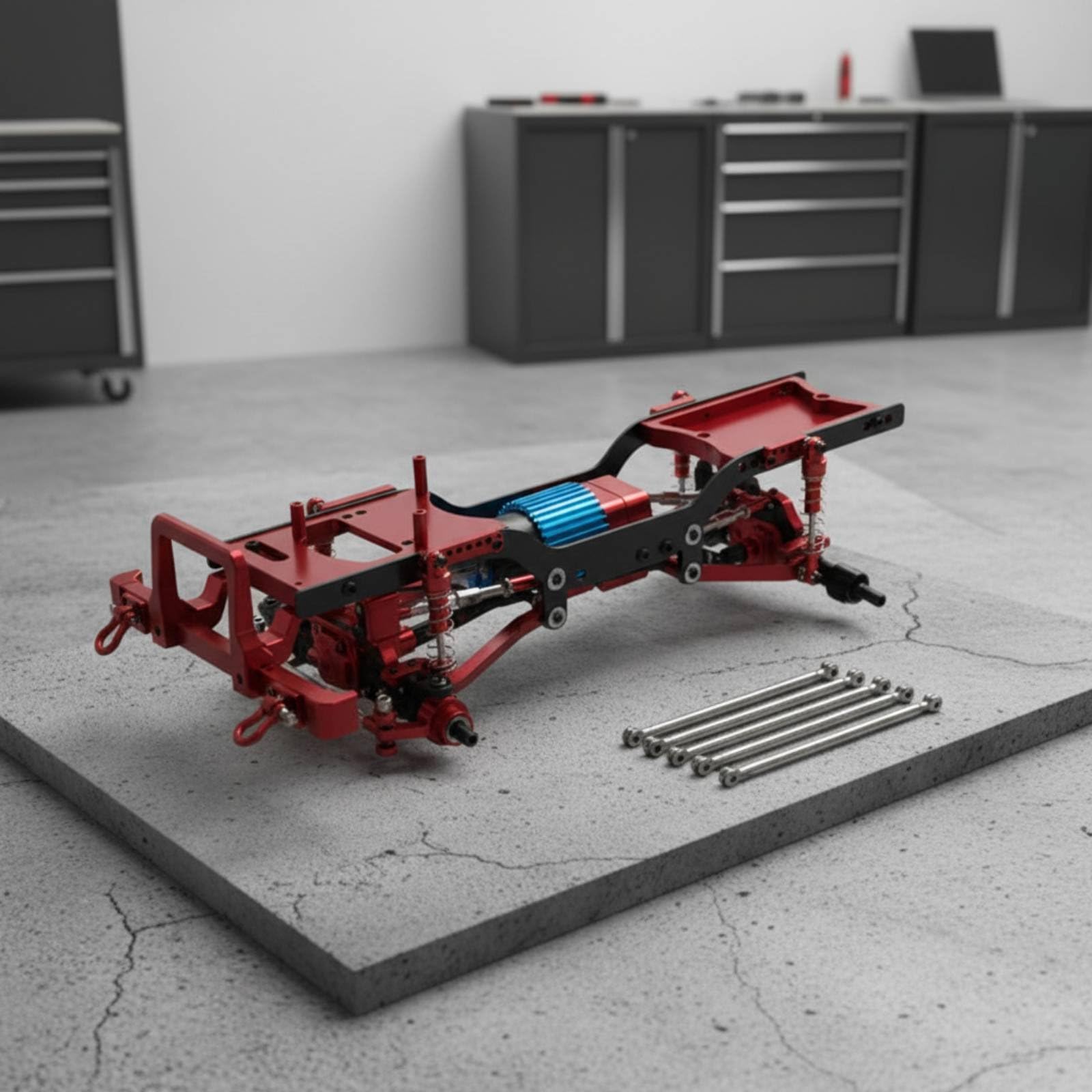 Marco de Coche Eléctrico Estructura RC Crawler Chasis de Metal con Amortiguadores y Vínculos Ajustables Motor 370 Caja Precisa Compatible 1/12 D90 D91, Rojo