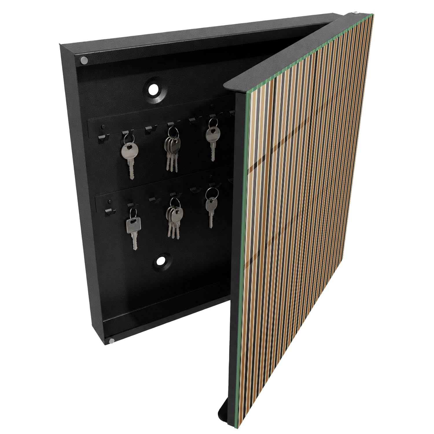 Armadietto Portachiavi 30x30 cm | Nero | A Destra | Montaggio a Parete | Strisce minimaliste | per Uffici | Frontale Decorativo in Vetro Temperato | Tasselli e Viti Inclusi | in Metallo