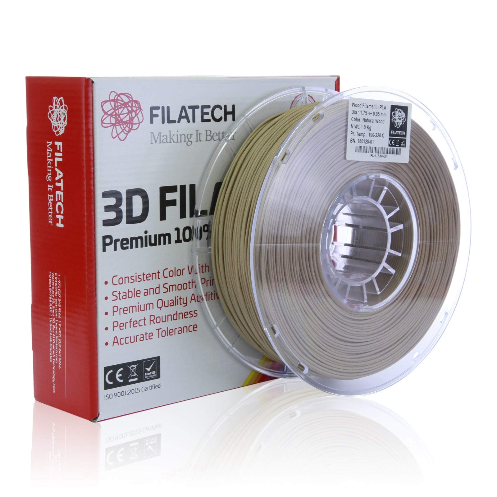 Filatech PLA Wood Composite PLA Filament 1.75mm PLA 1kg – Natural Wood Finish, Made in UAE