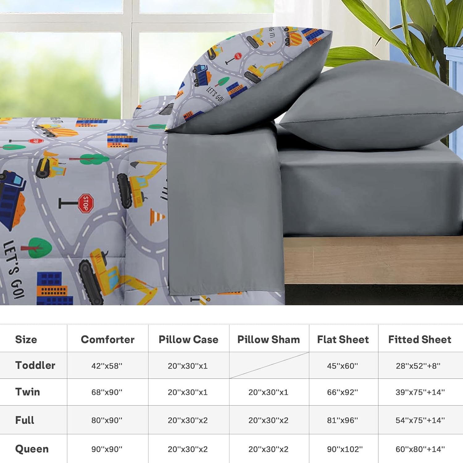 Nesker 4 Pcs Comforter Set Toddler Size, Construction Vehicles Car Bedding for Kids Teen, Town Tree Truck Bedding Set with Pillowcase & Sham