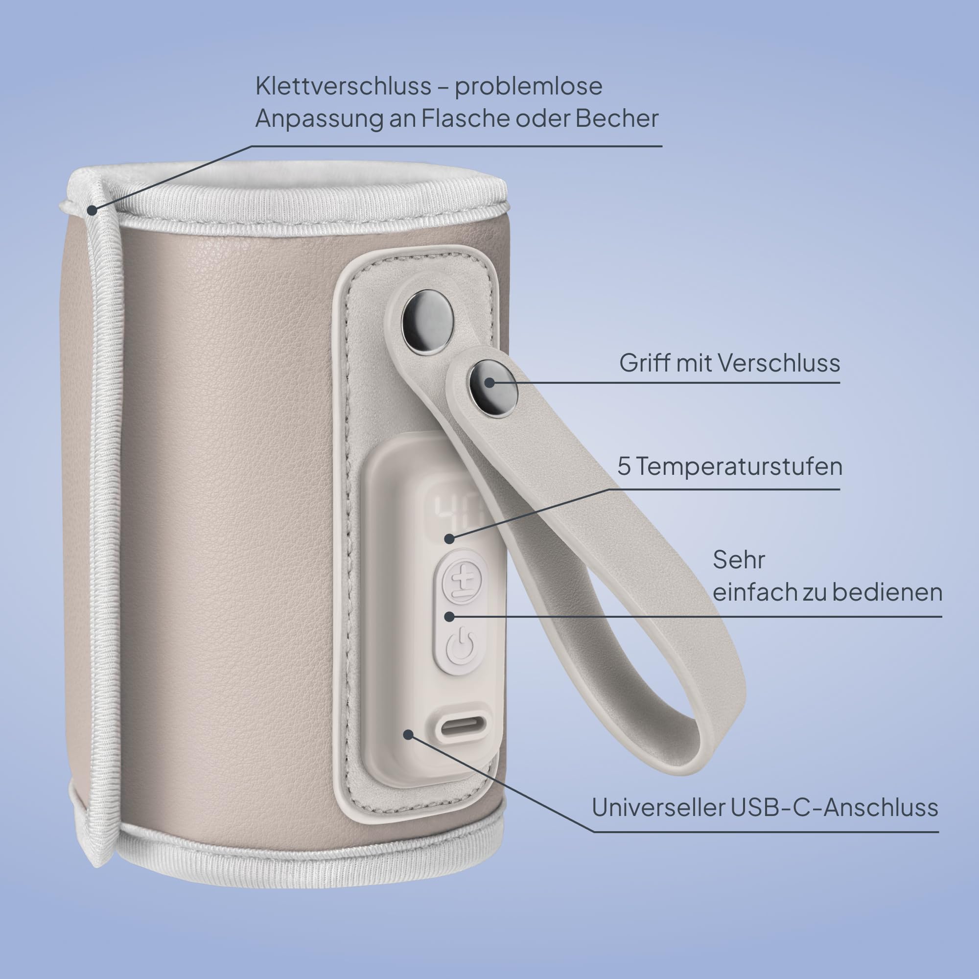 LIONELO Thermup Go Tragbarer Babyflaschenwärmer USB-C, Flaschenwärmer Unterwegs & Auto, 24h Warmhaltefunktion, 5 Temperaturstufen 38–50°C, LCD Display, Thermostat, Universal, BPA-frei, Leise