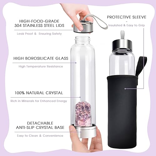 Vista 104 de ChezMax Botella de agua de cristal con centro de cristal natural A - Cristal rosa