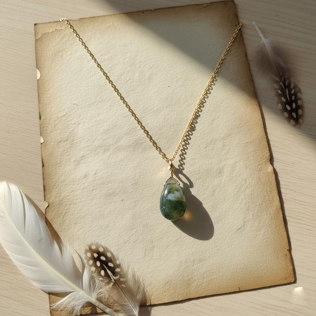 Natural Moss Agate Pear Pendant Necklace for Women | Gold Plated Hypoallergenic Growth Healing Crystal Jewelry | Stability Stone 16"+2" (Moss Agate) - Image 6