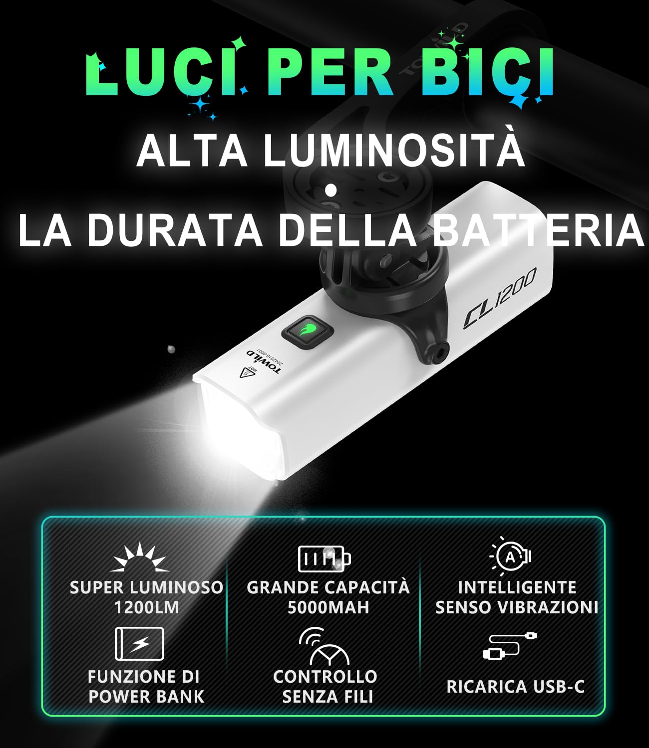 towild Ciclismo Luci Bici Luce Anteriore della Bicicletta, Bici fari 1200 Lumen 5000mAh Ricaricabile Installazione inversa Type-C IPX-6 Impermeabile 5 modalità Luci Bicicletta Led Ciclo Faro
