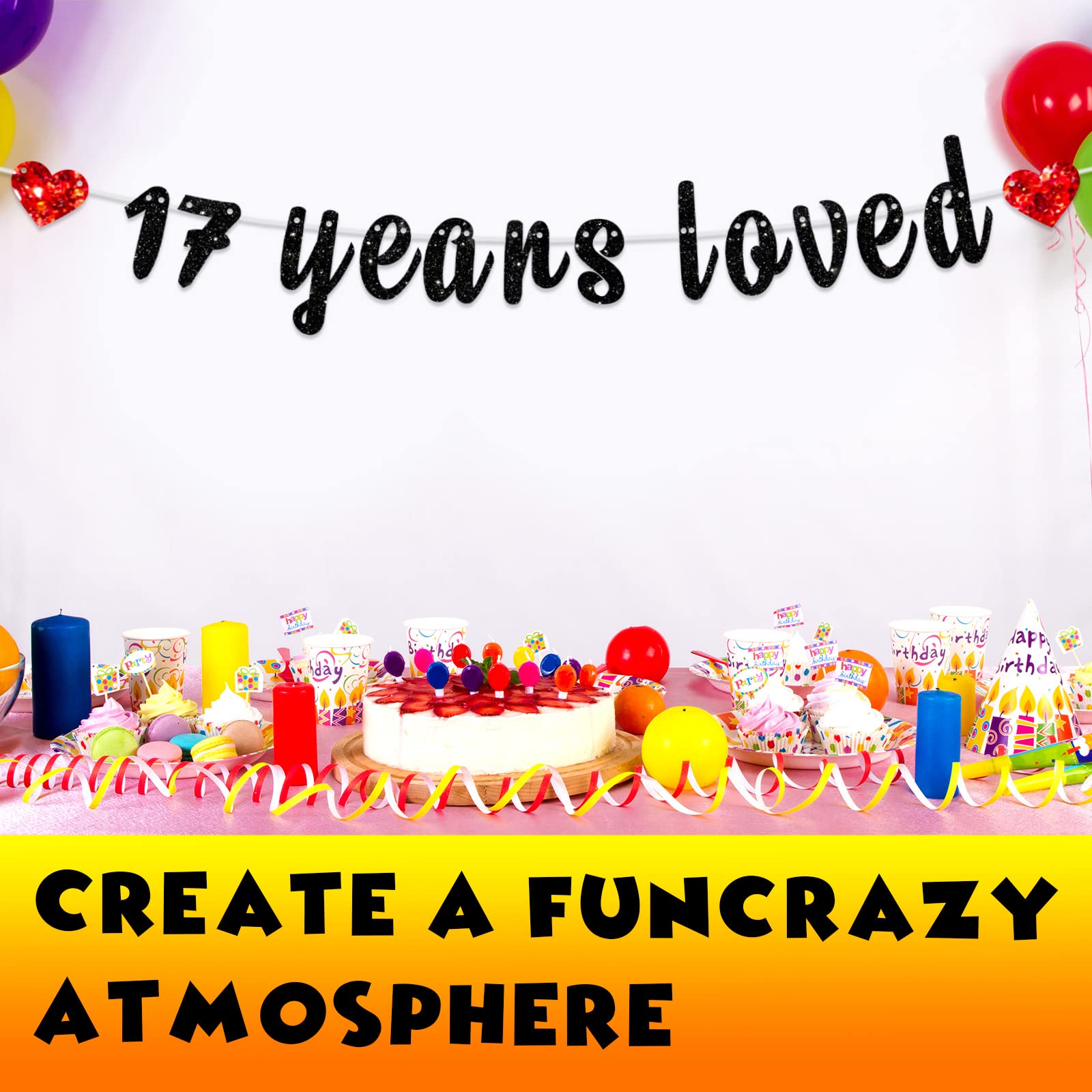 Happy 17th Birthday Banner - Black Glitter "Cheers To 17 Years" Party Decorations - View #2